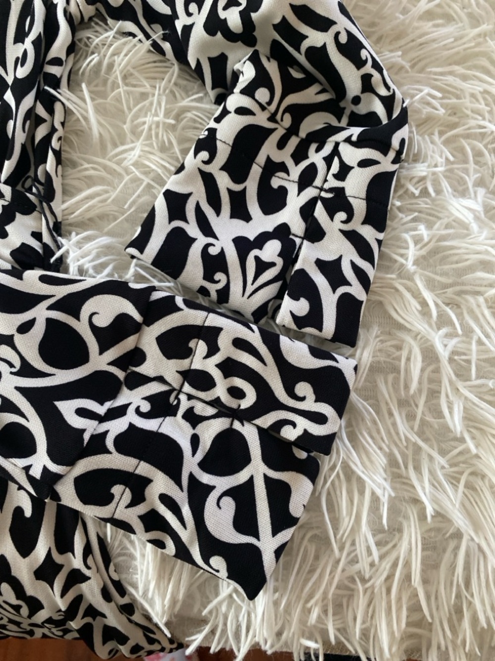 Talbots Petite 8 Black White Wrap Dress Moroccan Print Stretch Rayon - Picture 10 of 11